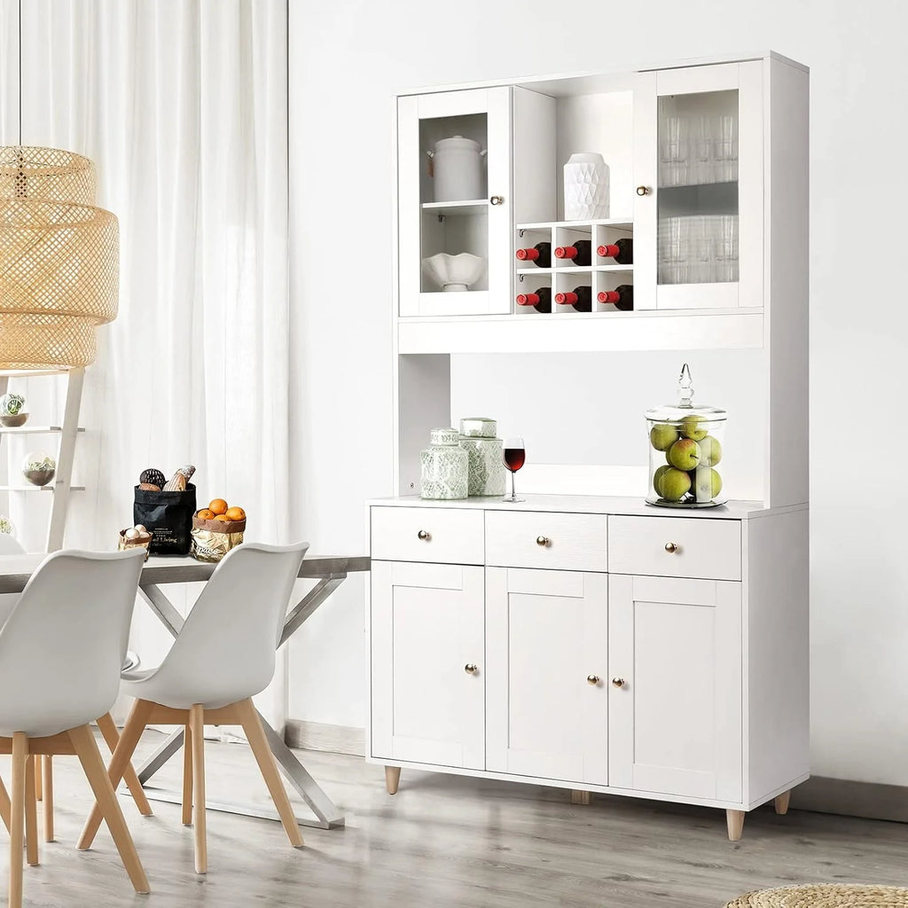 VOWNER Armario Aparador Cocina/Buffet, 100L x 38W x 181H cm, Mueble Auxiliar de Almacenaje, 5 Puertas y 5 Baldas Ajustables, Blanco