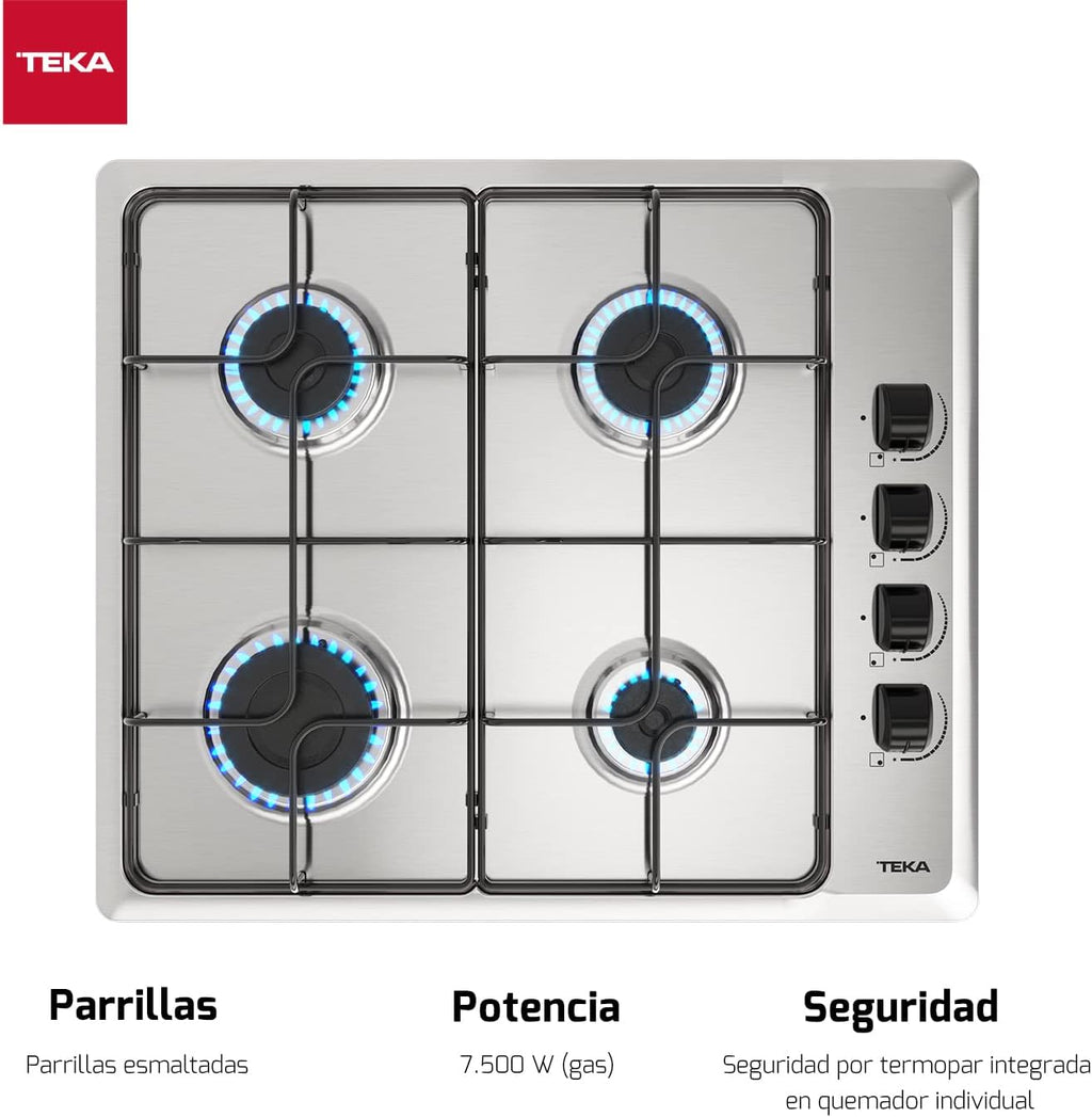 TEKA Placa de Gas Butano, 60 cm, 4 Fuegos, Mandos Ergonómicos, Seguridad Termopar, Parrillas Esmaltadas, HLX 640 KL
