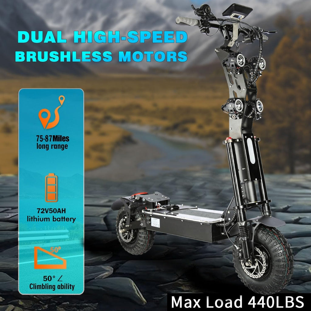 HWWH Patinete Electrico Potente Plegable Scooter Eléctrico Todoterreno Adultos 13 Pulgadas 3 Velocidades Dual Drive Batería de Litio de 72V / 50Ah Duración Máxima de la Batería 120 km