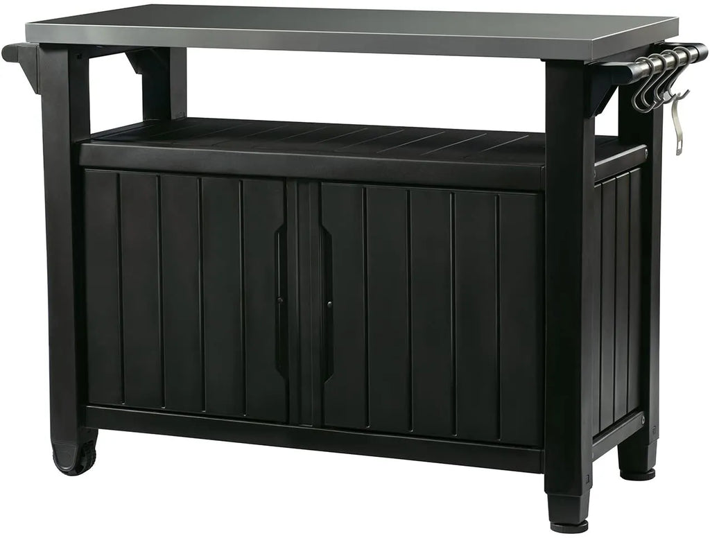 2025 Carro móvil de patio Keter Unity XL – Mesa de cocina exterior resistente a la intemperie con superficie de trabajo de acero inoxidable, espacio de almacenamiento con cerradura y accesorios