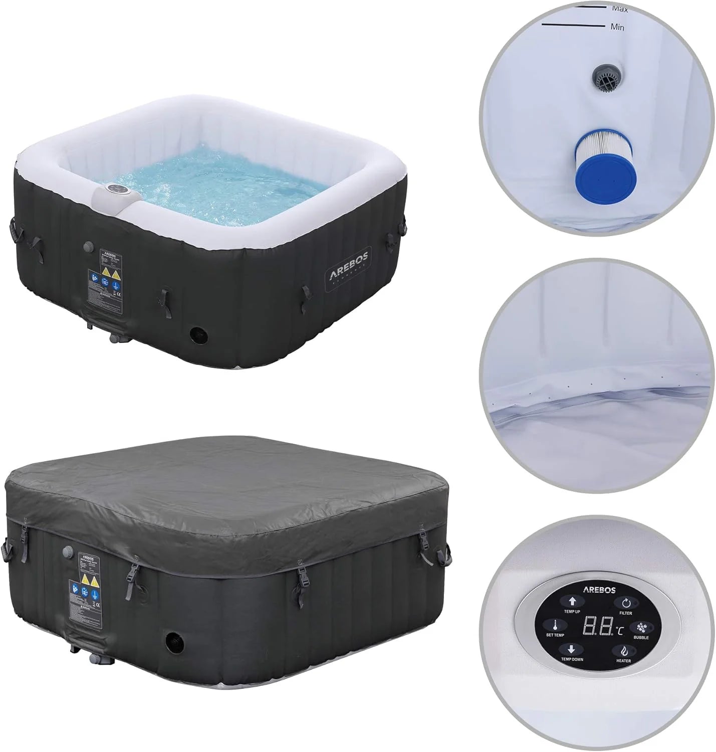 Arebos SPA Hinchable Piscina de hidromasaje | Hinchable | Cuadrada | para Interior y Exterior | 154x154cm | 4 Personas | 130 chorros de Masaje | 600 L