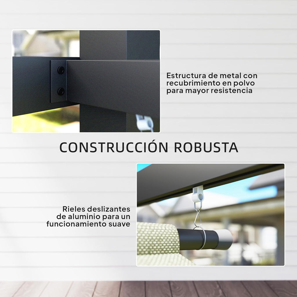 Outsunny Pérgola de Jardín 4x3 m con Techo Retráctil y 3 Laterales Enrollables, Cenador de Jardín Montado en Pared o Independiente, con UPF30+, Estructura Metálica, Pabellón para Exterior, Beige
