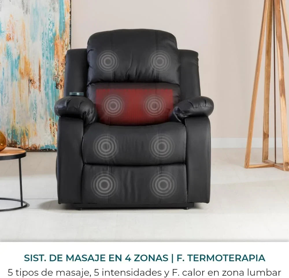 Don Descanso - Sillón Masaje Relax Calor Trevi Negro Reclinable 160º con 8 Motores Silenciosos, Calor Lumbar, Sist. Masaje 4 Zonas y Acabado en PU Anti-Cuarteo [Incluye Mando]. Ideal Gente Mayor