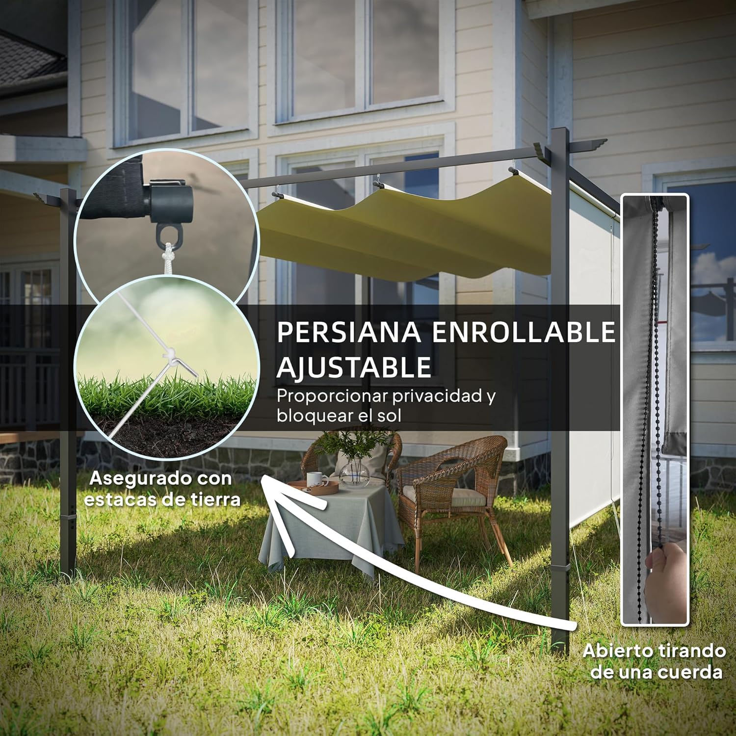 Outsunny Pérgola de Jardín 4x3 m con Techo Retráctil y 3 Laterales Enrollables, Cenador de Jardín Montado en Pared o Independiente, con UPF30+, Estructura Metálica, Pabellón para Exterior, Beige