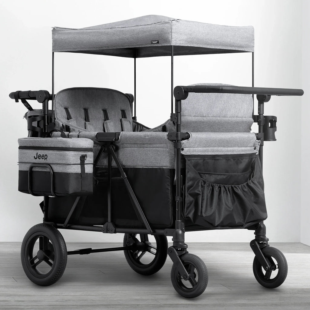 Carrito-Paseador Jeep Wrangler Deluxe para 4 Niños – Capota Desmontable, Bolsa Térmica, Asientos Modulares, Almacenamiento XXL, Ruedas Antipinchazos, Manillares Ajustables