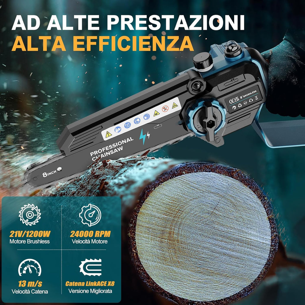 2-in-1 8 Zoll Akku-Mini-Kettensäge und Hochentaster mit 2x 4000mAh Akkus, bürstenlose Kettensäge mit Teleskopstange für den Außenbereich, ausziehbar bis 4M