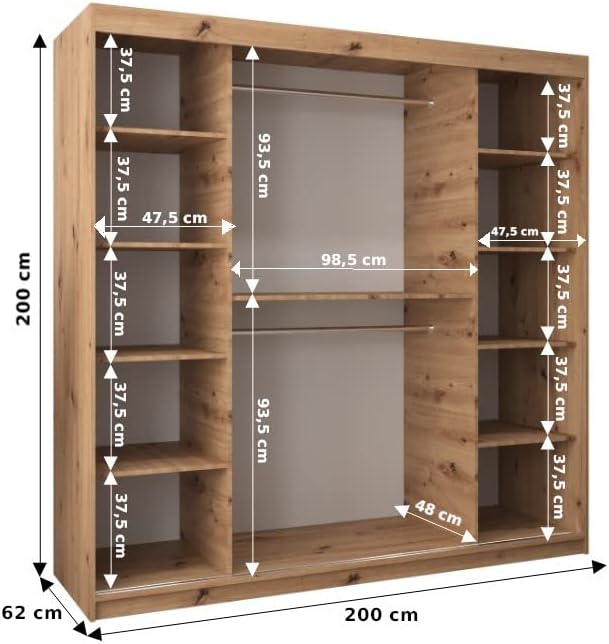 ABIKSMEBLE Verona 4 200 Bedroom Wardrobe with Three Sliding Doors – Modern Storage Cabinet with Mirror, Coat Rack and Shelves – 200 x 200 x 62 cm – Matte Black + Sonoma