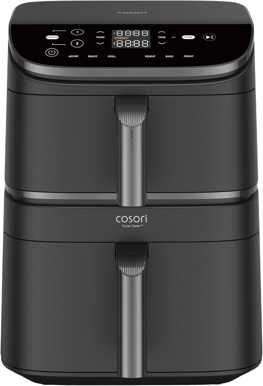 Cosori Turbo Tower Heißluftfritteuse 10,8L mit vertikalen Körben, platzsparendes Kochen auf 3 Ebenen, 2630 W, 6 Funktionen, 2 Gleichstrommotoren, über 50 vollständige Online-Rezepte