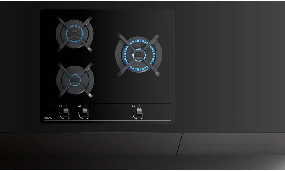 TEKA Placa de Gas Natural 60 cm, 3 Fuegos, Cristal Templado, Mandos Frontales Ergonómicos, Quemador Doble Anillo, Seguridad Termopar, Autoencendido, GBC 63010 KBN
