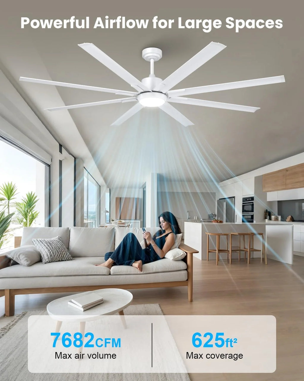 183cm Extra Großer Deckenventilator mit 8 Aluminiumflügeln, Licht und Fernbedienung, geräuscharme Ventilatorlampe mit umkehrbarem DC-Motor für Außenterrasse, großes Zimmer