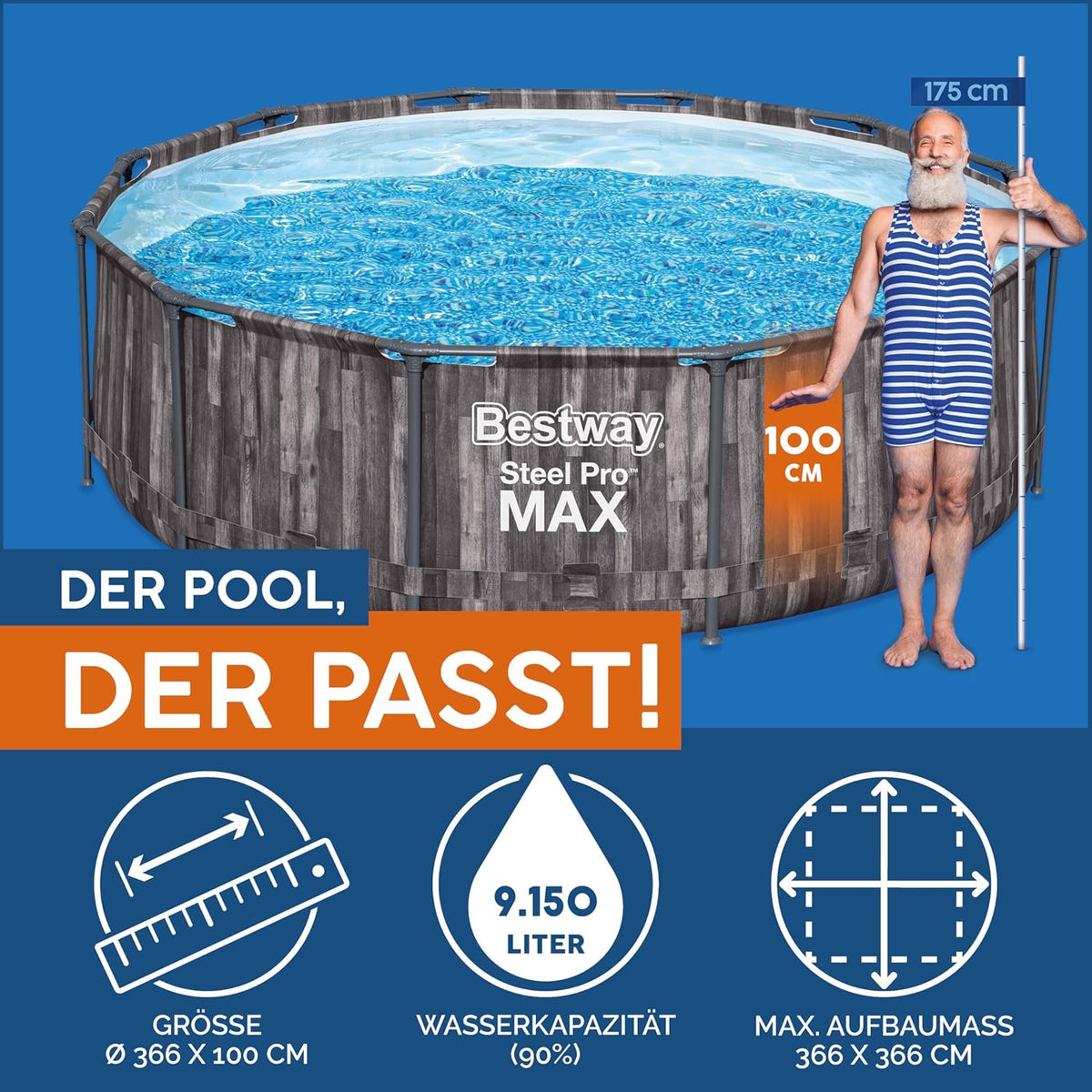 Bestway Steel Pro MAX Frame Pool – Rund (366 x 100 cm, inkl. Filterpumpe, Holzoptik)