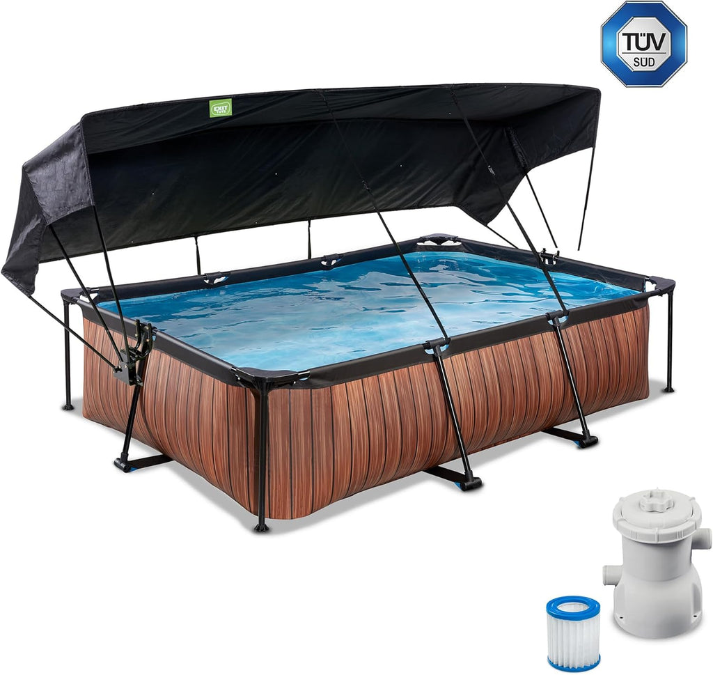 EXIT Toys Holzpool mit Solardach - 300x200x65cm - Kompakter rechteckiger Rahmenpool mit Kartuschenfilterpumpe - Optimaler UV-Schutz - Einfacher Zugang - Einzigartiges Design - Braun