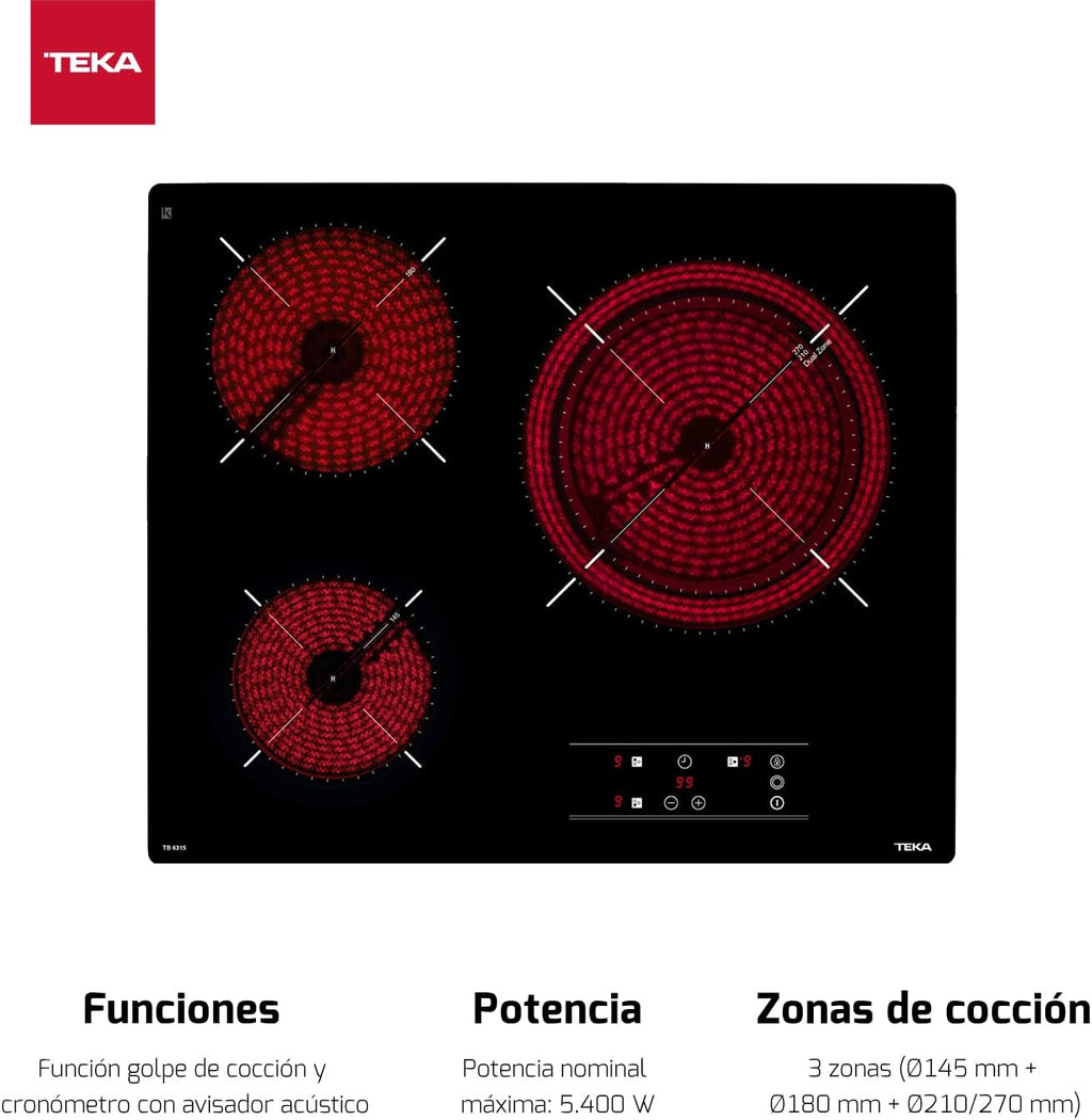 TEKA Placa Vitrocerámica 60 cm, 3 Fuegos, Touch Control, Función Stop & Go, Indicador de Calor Residual, Modelo TB 6315