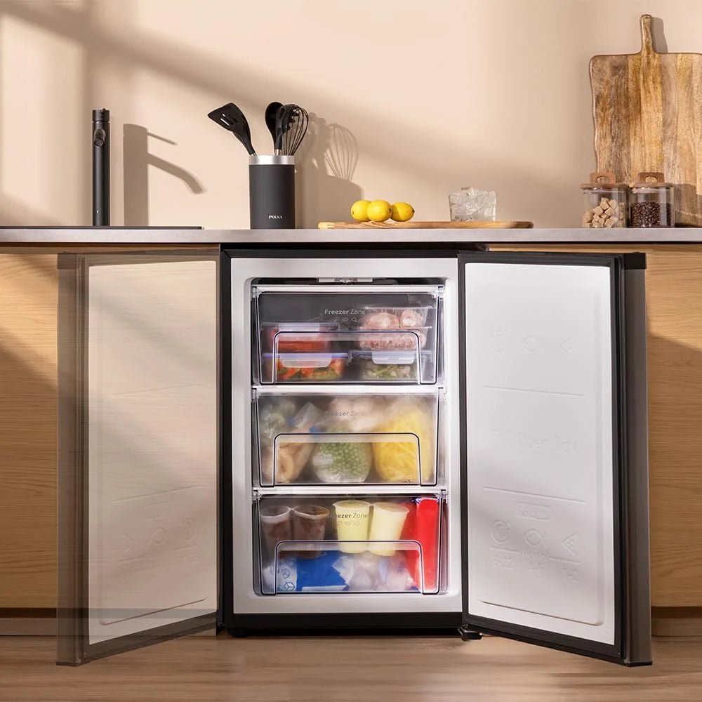 Cecotec Congelador Vertical Sobremesa 97 L Bolero CoolMarket TF 97 Inox, Clase Energética E, Diseño compacto, Puerta reversible, 3 Cajones, Medidas 55,1 x 57,5 x 83,5 cm, Color Inox
