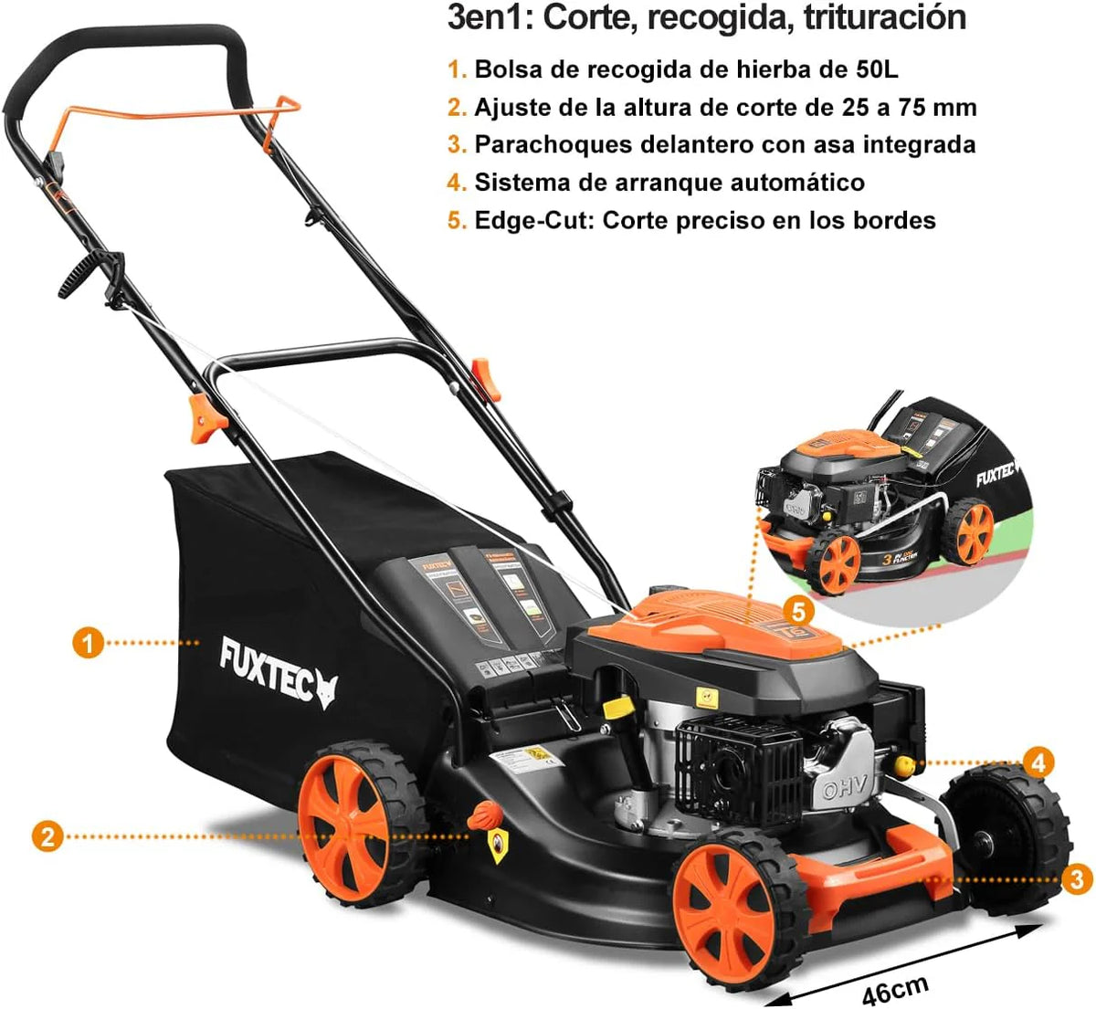 Cortacésped de Gasolina FUXTEC FX-RM4646ECO 46cm de Anchura de Corte - Potente Motor de Gasolina de 146cc Easy Clean 3en1 2,6KW Mulching recogedor de Hierba 50L