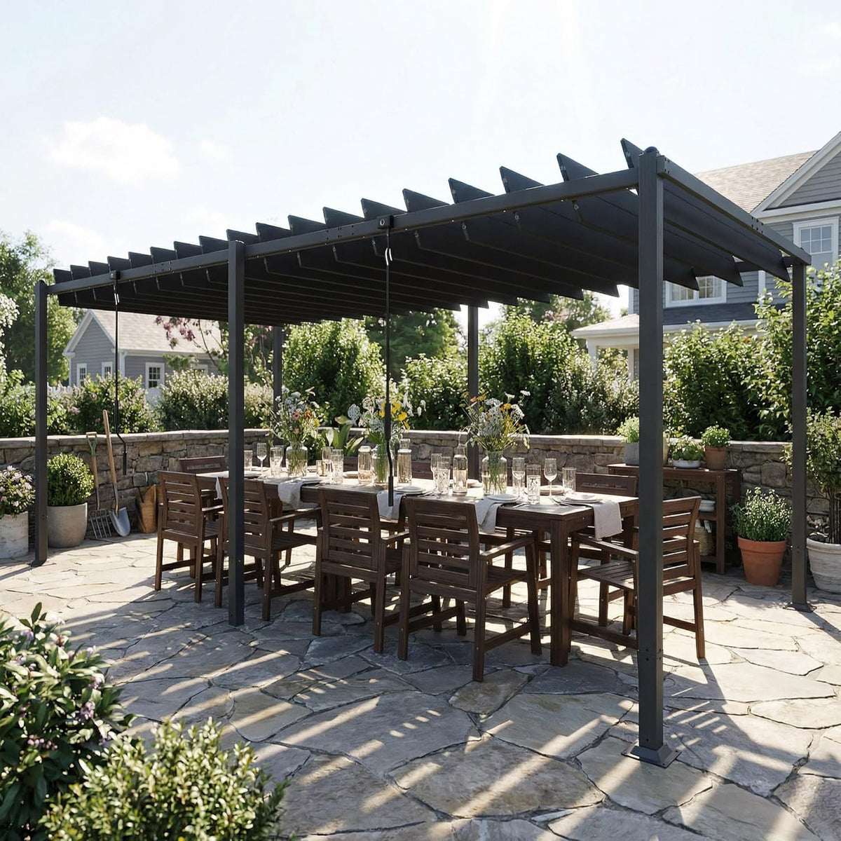 Outsunny Pérgola de Jardín 3x5,7 m, Cenador de Jardín con Techo de Lamas Ajustable a 90°, Manivela, Estructura de Aluminio, Protección UPF50+, Pabellón para Exterior, Patio, Terraza, Gris Oscuro