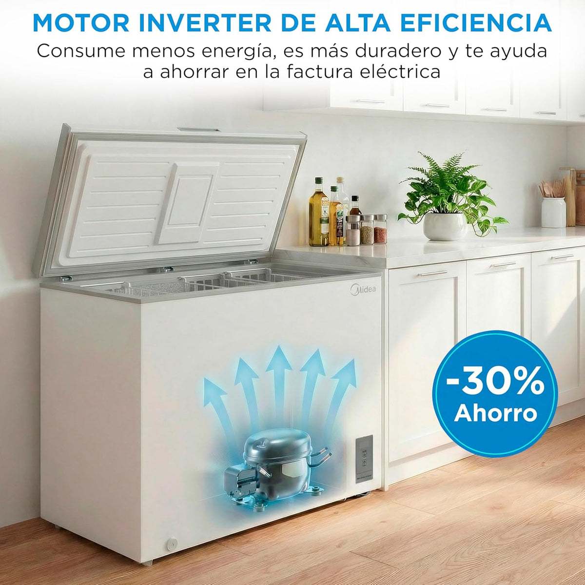 MIDEA Arcon Congelador Pequeño de 418L | Congelador Horizontal Convertible a Frigorífico con Motor Inverter, Control Electrónico de Temperatura, Cestas con Asa | Arcón Silencioso 41 db Bajo Consumo