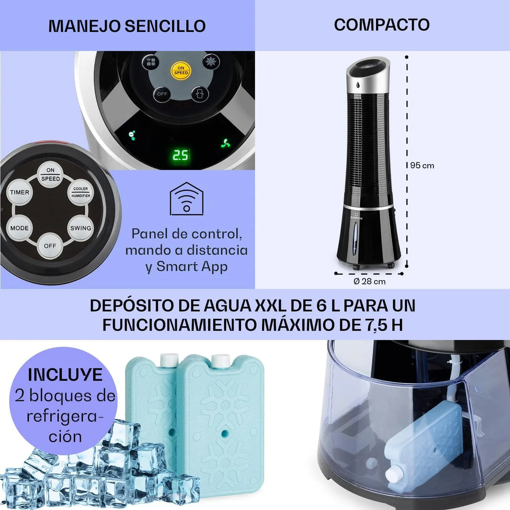 Klarstein Skyscraper Ice Smart Climatizador Evaporativo – 4 en 1: Ventilador, Enfriador, Purificador & Humidificador, 210 m³/h, Control App & Alexa, Depósito 6L, Oscilación, Ionizador, Negro