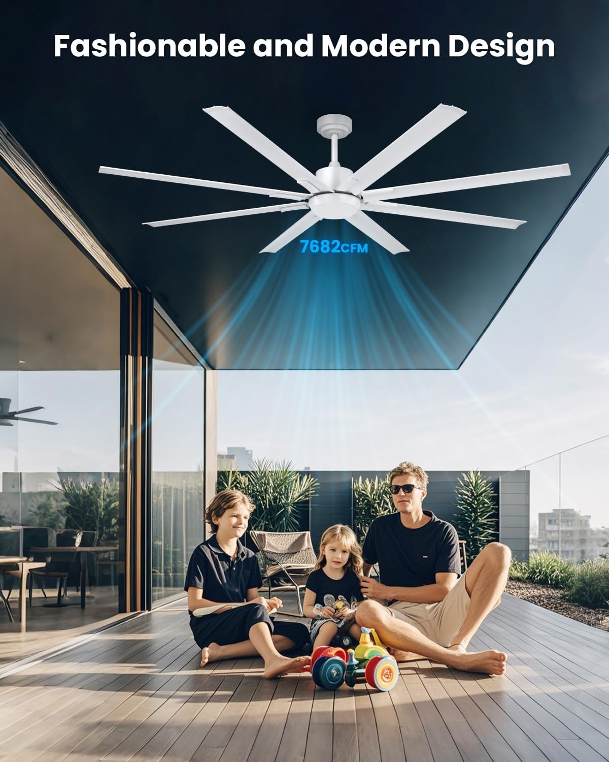 183 cm extragroßer Deckenventilator mit 8 Aluminiumflügeln, Licht und Fernbedienung, geräuscharme Deckenleuchte mit Ventilator und reversibler DC-Motor für Außenterrasse, großes Zimmer