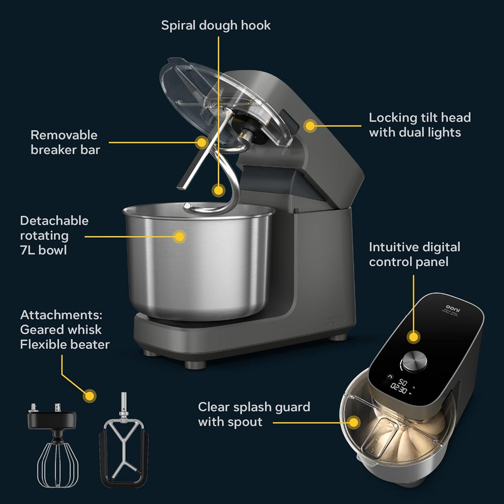 Ooni Halo Pro Spiral-Teigknetmaschine 7,3L mit Zubehör, 58 Geschwindigkeiten – Ideal für Brot und Pizza – Anthrazitgrau