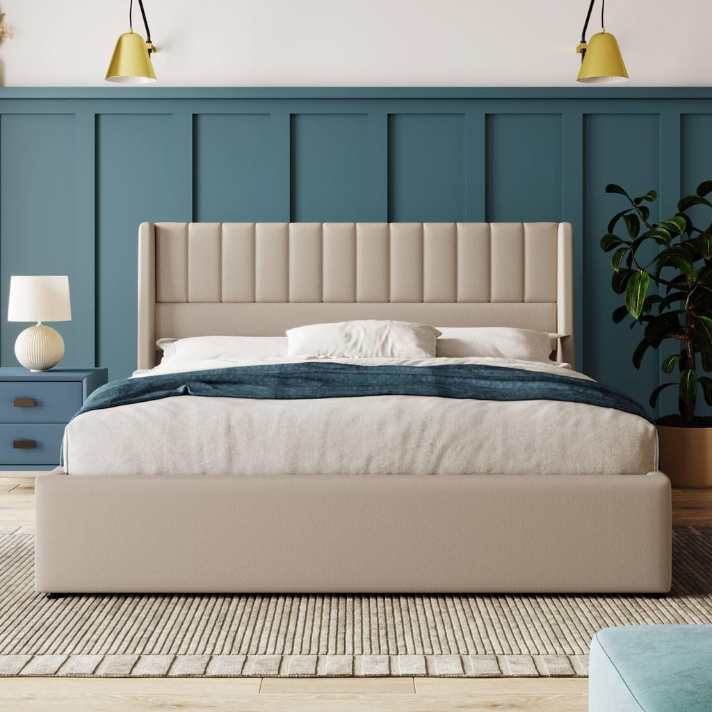 Sweiko Upholstered Linen Bed 180 x 200 cm Hydraulic with Vertical Stripe Design