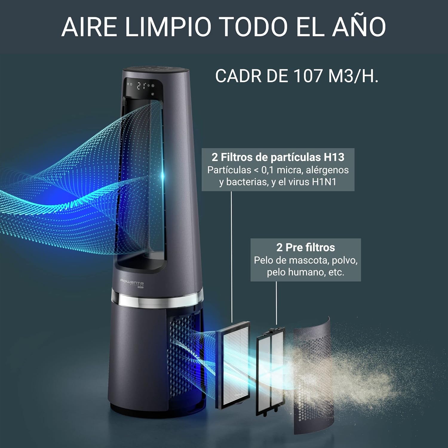 Rowenta Eclipse 3 en 1, Ventilador, purificador y calefactor de 2100 W, filtra hasta el 99,95 % partículas, silencioso, oscilación, luz decorativa, encendido programable, plata, QU5062