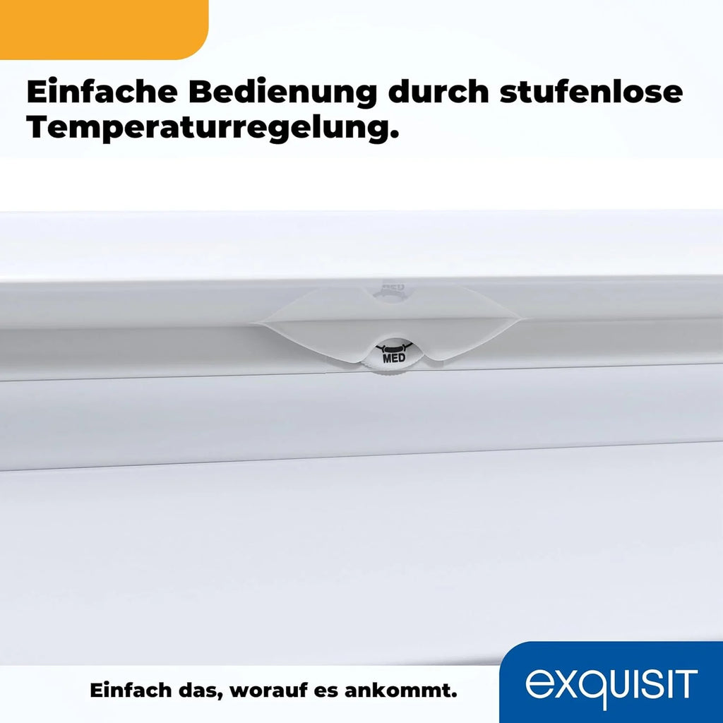 Exquisit congelador vertical, 87L, 4 estrellas, clase D, Color blanco, 3 cajones, método descongelación manual, termostato ajustable, puerta reversible, 40 db, consumo 132 kwh/año, 85,5x54,5x58 cm