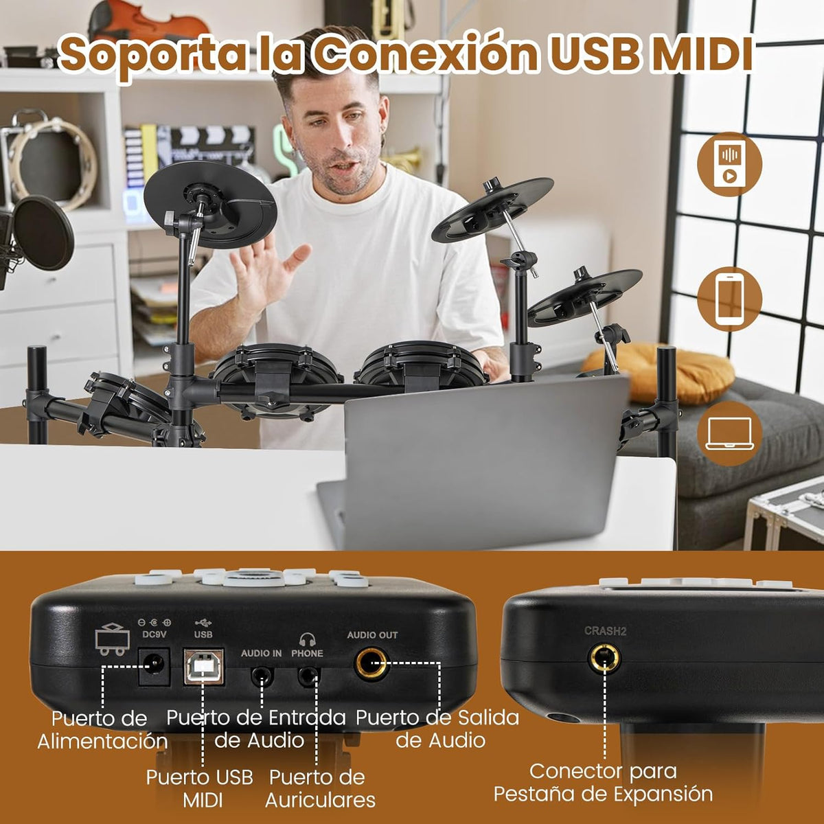 COSTWAY E-Drum-Set, faltbares Schlagzeug mit leisen Mesh-Pads, Becken, 225 Sounds und 30 Demos, Metronom und USB-MIDI, Bassdrum, 2 Schlagstöcke, verstellbarer Hocker, für Erwachsene und Kinder