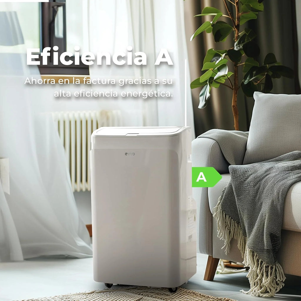 EVVO Aire Acondicionado Portatil Frío y Calor, Clase A, 12.000 BTU, Control Remoto y Temporizador 24h, 4 en 1, Deshumidificador, Ventilación, Hasta 26 m2. (Modelo: CLIMA P12 Frio y Calor)