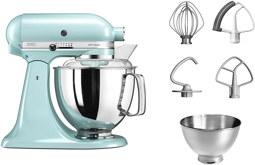 KitchenAid Küchenmaschine - Artisan - Küchenmaschine mit kippbarem Motorkopf - Küchenmaschine mit 5 Zubehörteilen - Küchenmaschine mit 2 Edelstahlschüsseln - 4,8 L und 3 L - Eisblau