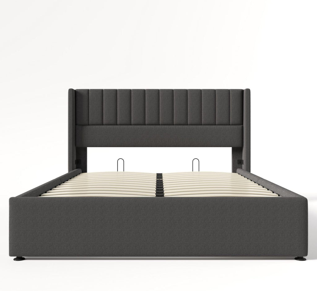 Sweiko Upholstered Linen Bed 180 x 200 cm Hydraulic with Vertical Stripe Design