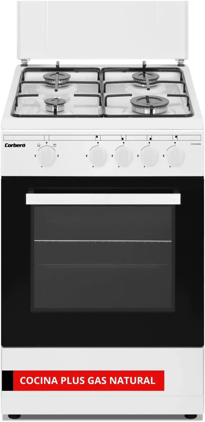 Corberó – Butane Gas Cooker Plus | 50 cm | CCSF45020BX | 4 Burners | Oven 43L with Double Glass Door | Metal Lid | Chrome Tray and Grill | Automatic Safety Shut-off | Stainless Steel