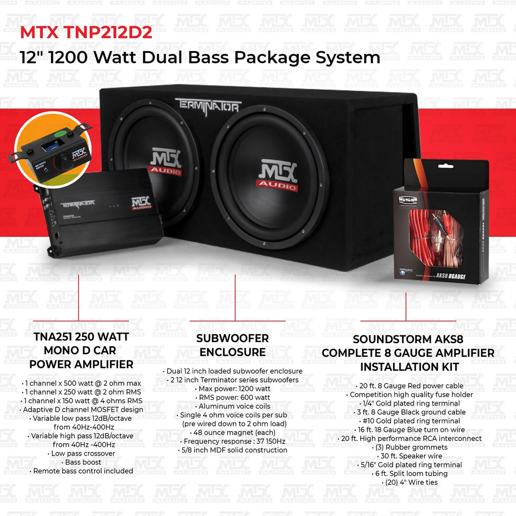 2025 Pack Subwoofer para coche MTX TNP212D2 12" 1200W con amplificador y kit de instalación