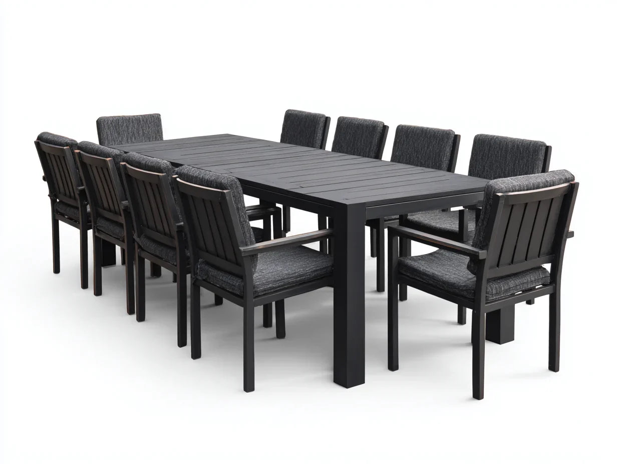 Conjuntos de comedor de jardín 200x100x75 cm - mesa de aluminio con 10 sillas tapizadas - negro-gris - diseño moderno exterior