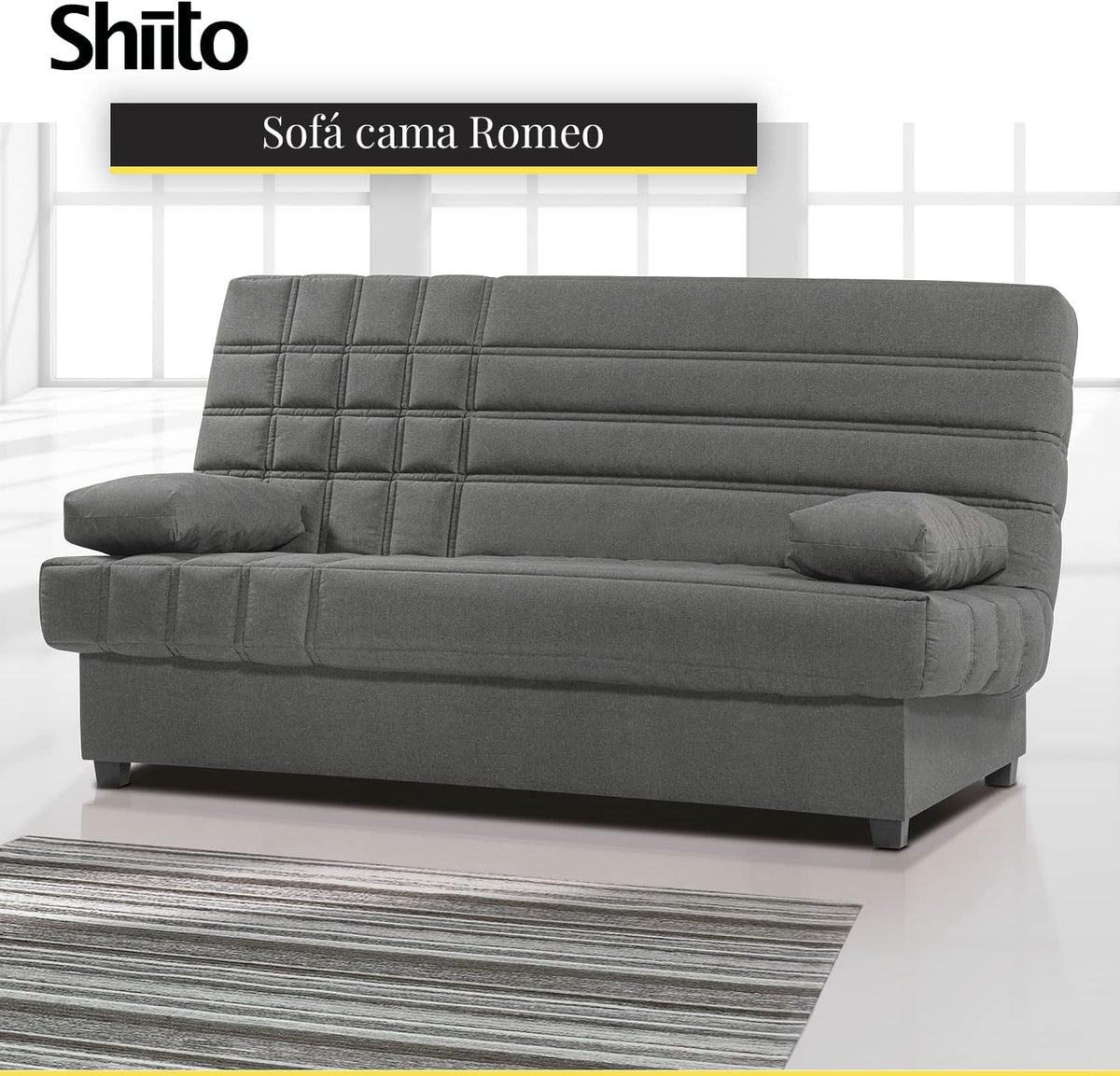 SHIITO - Sofá Cama de 3 Plazas con Arcón Interior - 100 x 193 x 100 cm - Modelo Romeo - con Apertura Clic-Clac - Incluye 2 Cojines - Color Gris Oscuro