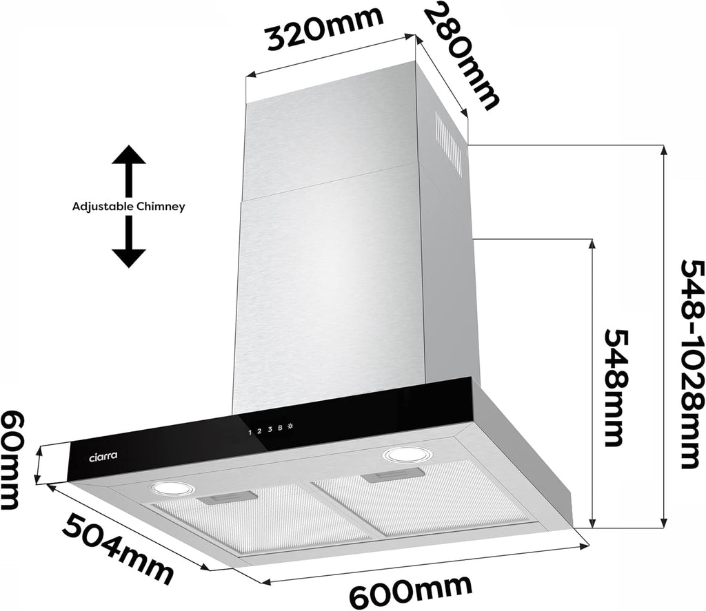 Ciarra CBCS6102 Dunstabzugshaube 60cm 650 m³/h - Touch Control & Wifi - 4 Geschwindigkeiten - Abluft- und Umluftbetrieb mit Aktivkohlefilter CBCF003 - Edelstahl
