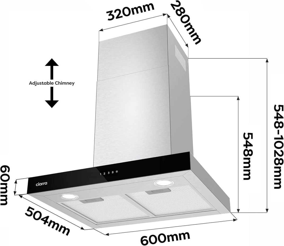Ciarra CBCS6102 Dunstabzugshaube 60cm 650 m³/h - Touch Control & Wifi - 4 Geschwindigkeiten - Abluft- und Umluftbetrieb mit Aktivkohlefilter CBCF003 - Edelstahl