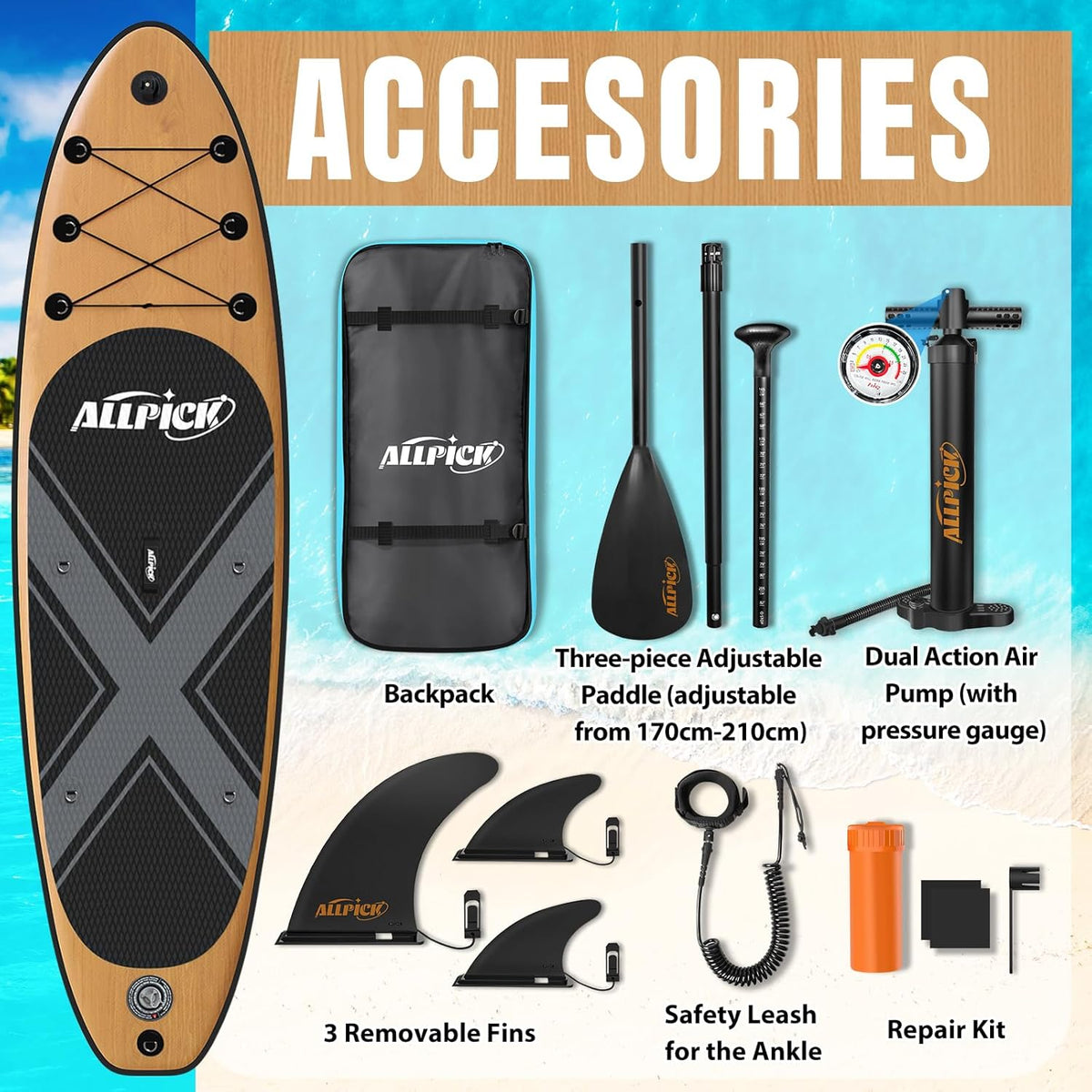 ALLPICK Premium SUP Board Set, Stand Up Paddling Board Aufblasbar, Mit Universal Kamerahalterung, Komplettes Zubehör, Verstellbares Paddel, Anfänger, Fortgeschrittene, 200kg