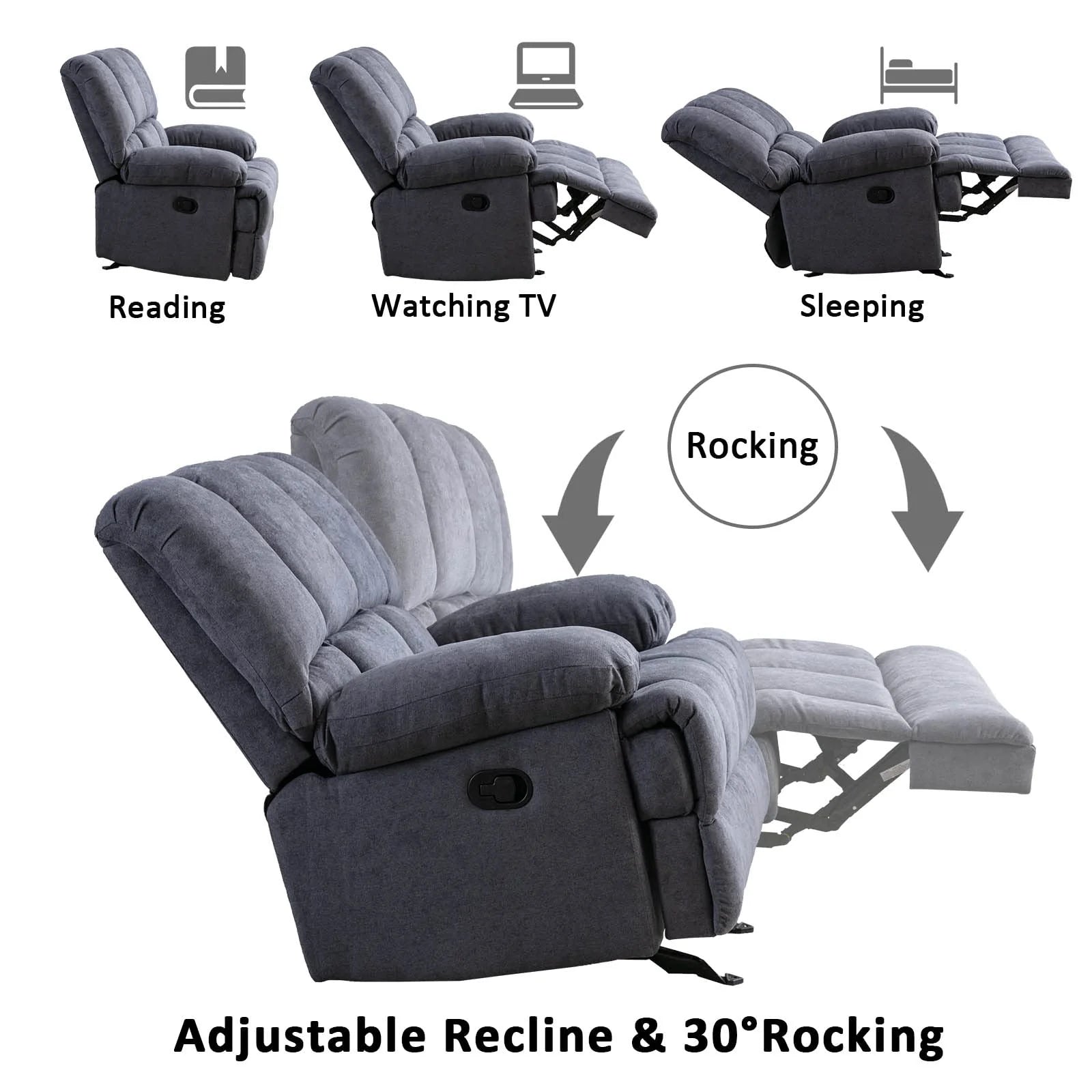 2025 Sillón mecedor sobredimensionado, sillón reclinable manual simple, sillón tapizado acolchonado, sillón mecedor para sala, asiento de teatro talla grande, gris