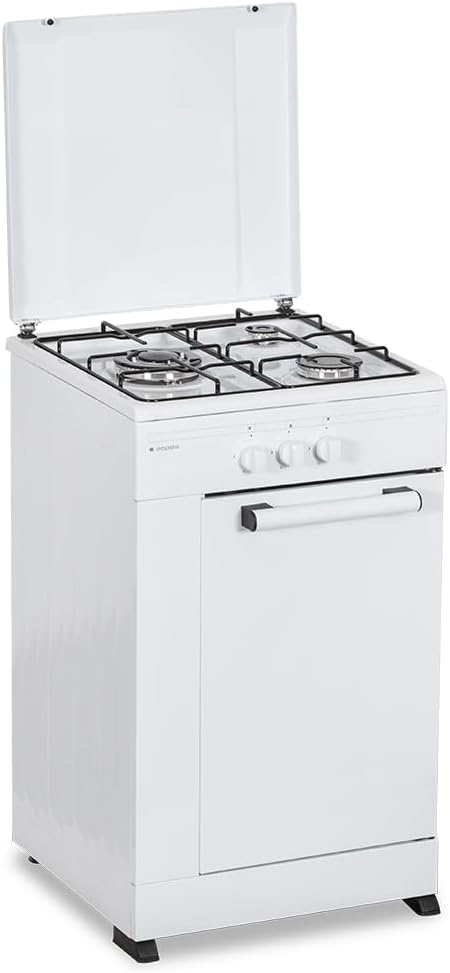 Aspes Cocina Gas Butano 3 Zonas de Cocción, Blanco AKG3500PB. Control Manual, Quemador WOK triple llama, Compartimento Bombona, Tapa Abatible