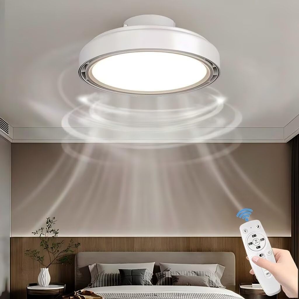 Geräuschloser Deckenventilator mit Licht und Fernbedienung, Deckenventilator ohne Flügel mit modernem LED, 6 reversible Geschwindigkeiten, Smart Dimmbare Ventilatorlampe für Schlafzimmer Wohnzimmer Weiß
