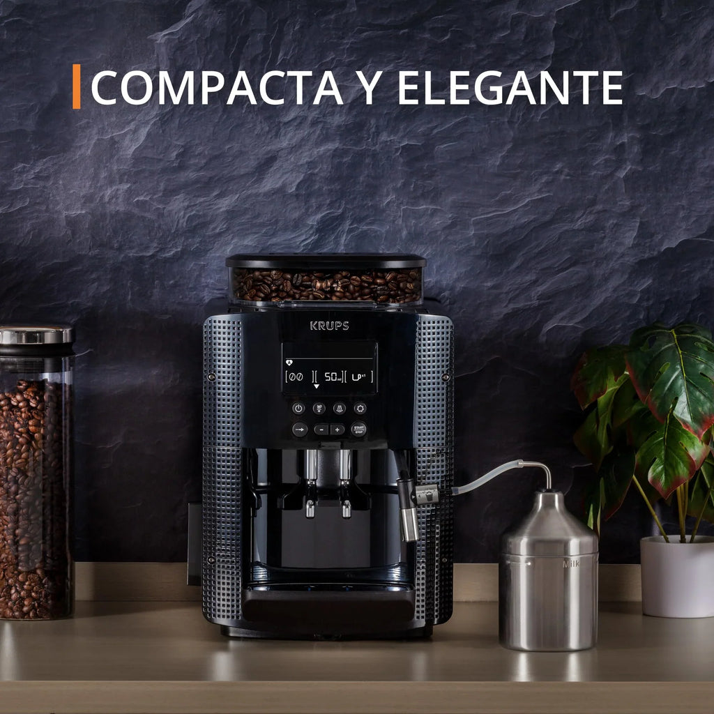2025 Krups Essential - Cafetera súper automática, 15 Bares de presión, Molinillo cónico de Metal, con selección de cantidad e Intensidad de café, 1.7 l, 1 Cups, Acero, Pantalla LCD + Acc. Leche