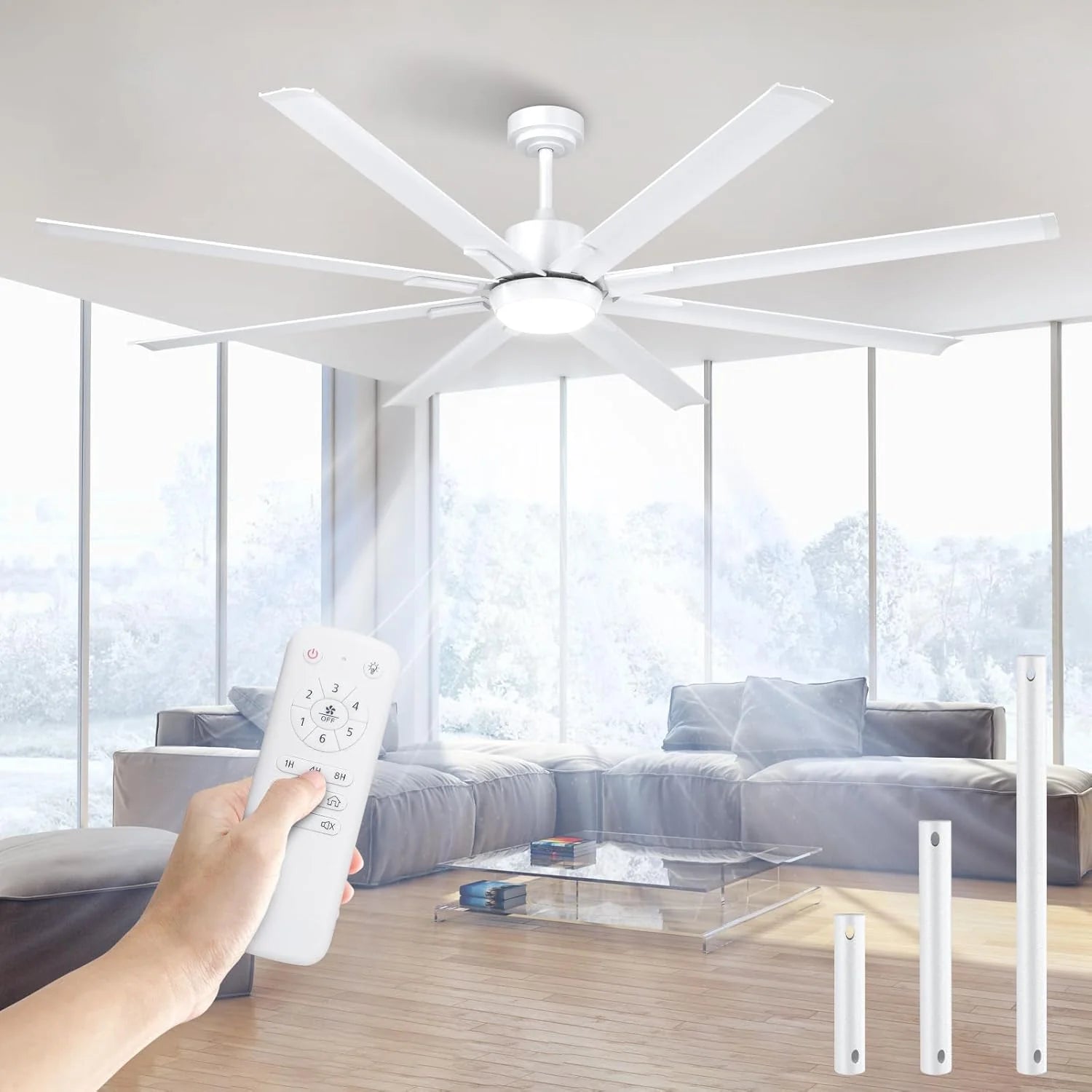 183cm Extra Großer Deckenventilator mit 8 Aluminiumflügeln, Licht und Fernbedienung, geräuscharme Ventilatorlampe mit umkehrbarem DC-Motor für Außenterrasse, großes Zimmer
