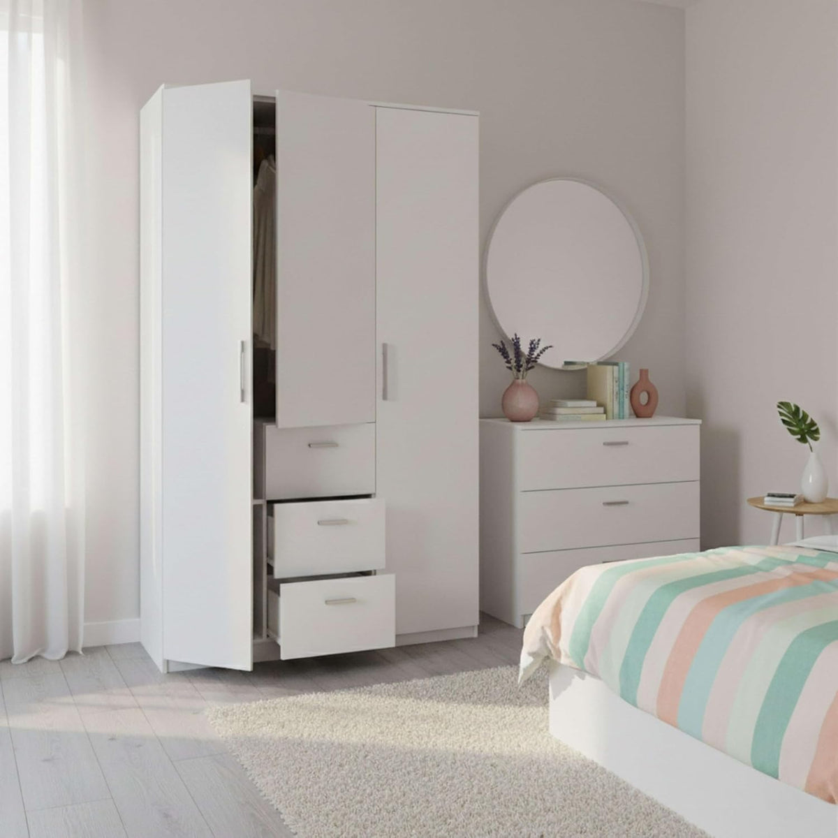 Habitdesign Armario Ropero 3 Puertas y 3 cajones, 203x117x52 (AltoxAnchoxFondo - en Cm), con Barra Colgadora y Estantes, Color Blanco Brillo