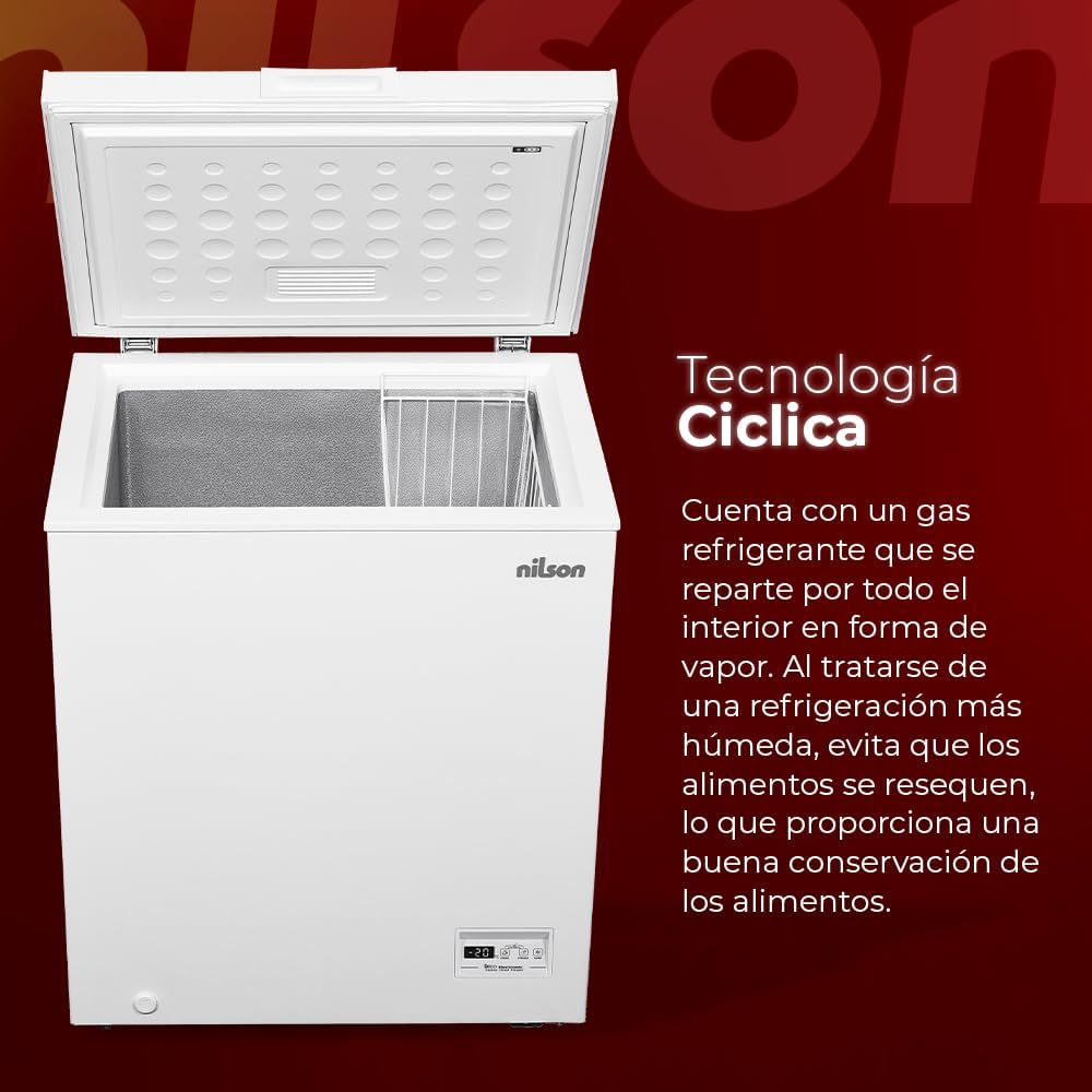 Nilson Gefrierschrank horizontal Weiß NCH1500EDC. Kapazität 142 Liter, Dual Cooling, 4 Sterne, Super-Gefriermodus, Zyklische Technologie, Klapptür, 1 Korb, geräuscharm