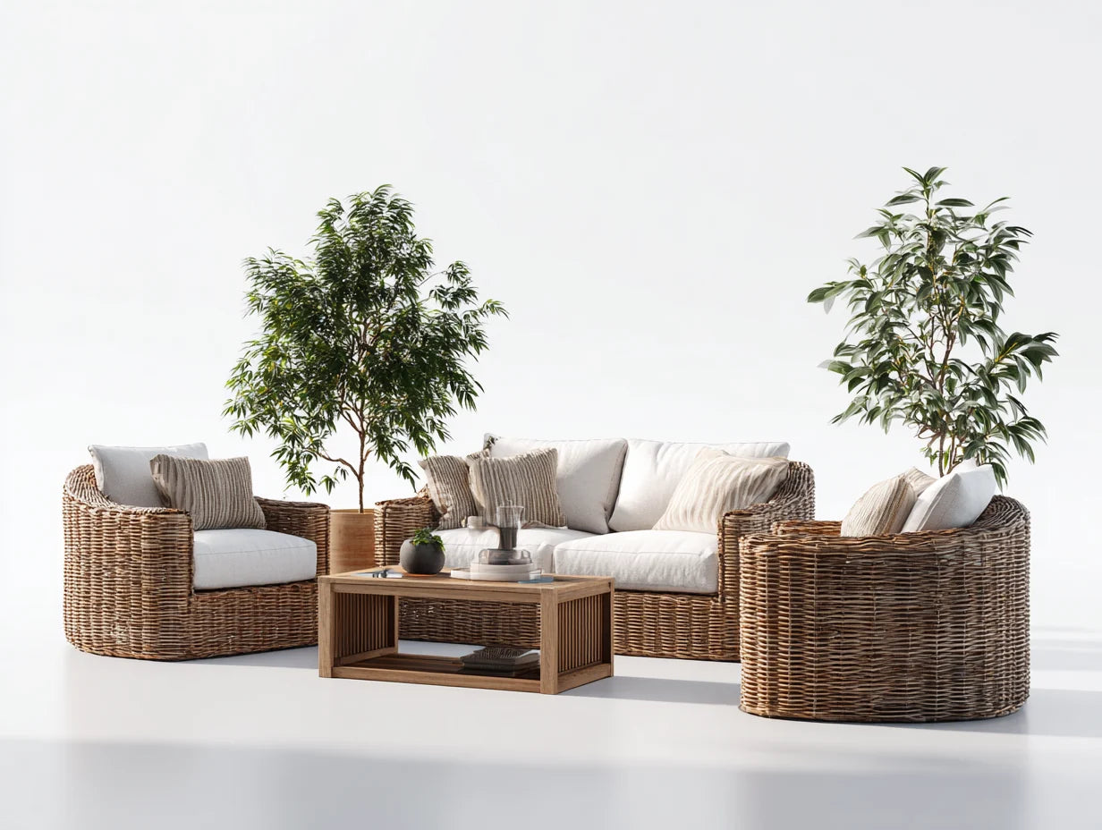 Gartensesselgruppe aus Naturrattan mit beigen Kissen und Couchtisch 200x80x75 cm – modernes Design für draußen
