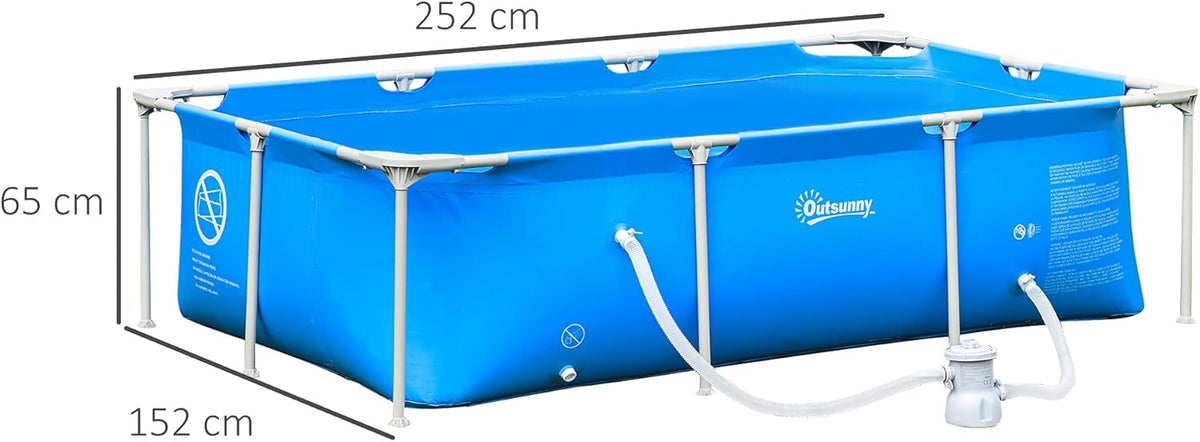 Outsunny Piscina Desmontable Tubular 252x152x65 cm con Depuradora de Cartucho 1200L/H Piscina Rectangular de Exterior para Adultos y Niños 2163L Azul