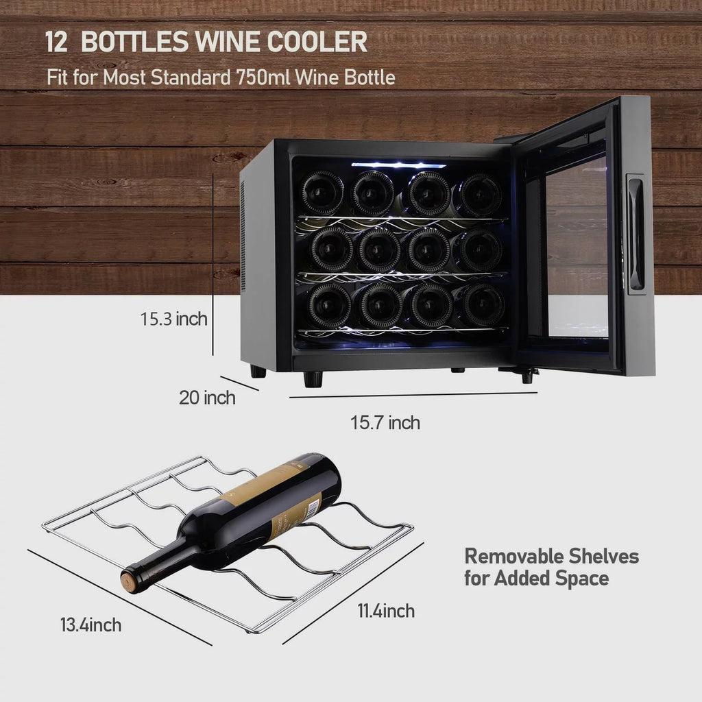 2025 Nevera para vino JINJUNYE, enfriador compacto para 12 botellas, mini bodega de mostrador con control de temperatura, nevera para vino independiente con puerta de vidrio para el hogar, oficina, bar, regalo para hombres