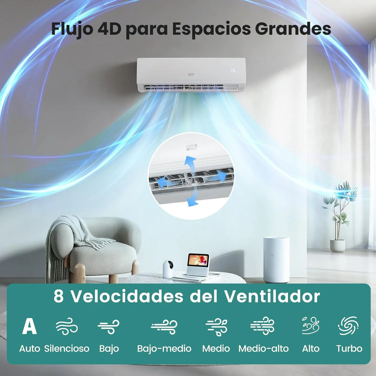 COSTWAY Aire Acondicionado Split, 2,6 kW, Aire Acondicionado con Calefacción con Bomba de Calor,Refrigerante: R32, Calefactor y Refrigerador con Kit de Instalación para Habitación hasta 70m³ (9000BTU)