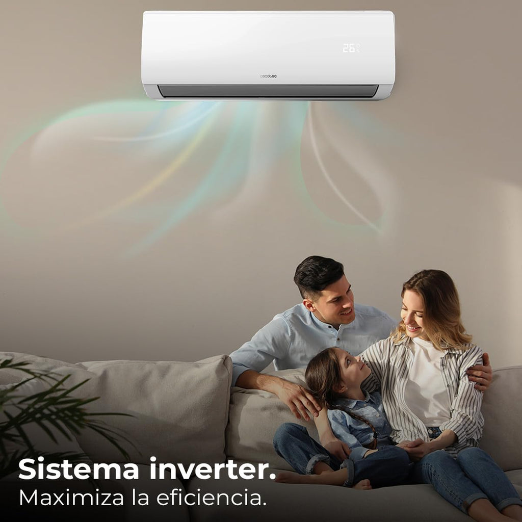 Cecotec Aire Acondicionado Split AirClima 9000 Smartfresh. 9000 BTU, Motor DC, Bomba de Calor, Mando a distancia, Pantalla LED, Sistema Inverter, 5 Modos, 8 Velocidades, Cobertura 16 m2 + compresor